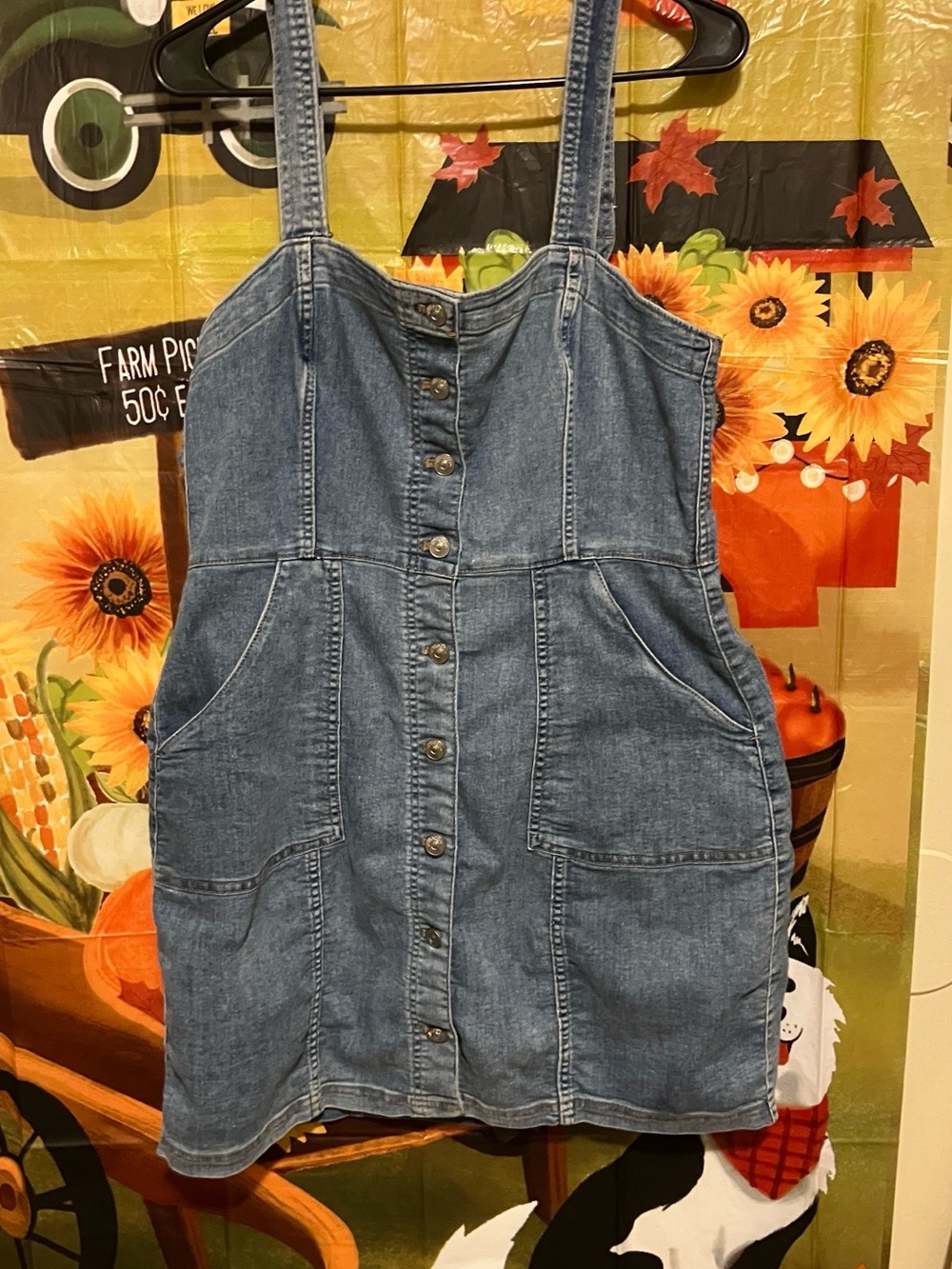 H&M Blue Denim Button-Front overalls skirt pockets cotton blend